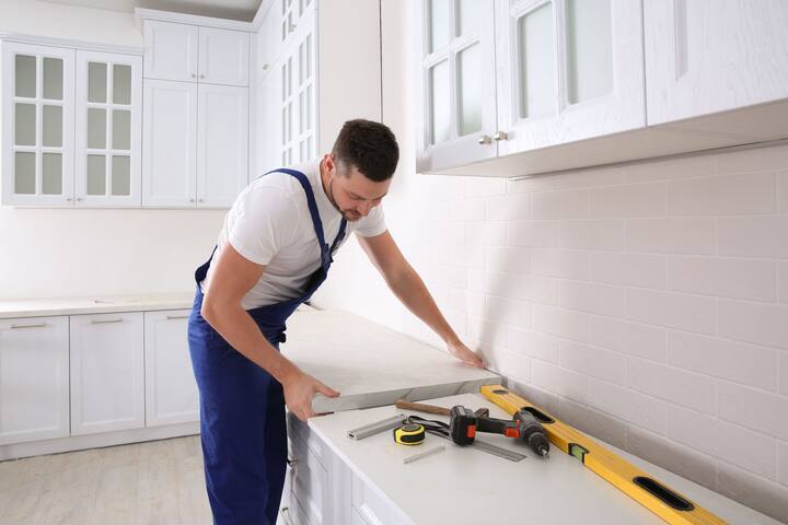 A kitchen countertop made of a durable and stain-resistant material, designed for easy maintenance in Boca Raton