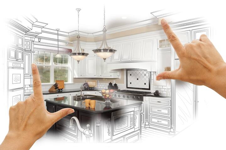 A kitchen renovation design with an open floor plan, featuring a large island and modern appliances in Boca Raton